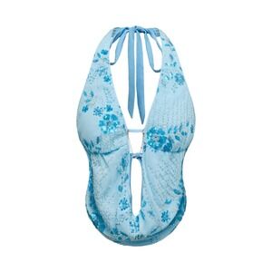 NWT Makemechic Womens Y2K Sequin Halter Top Light Blue Beaded Cowl Neck Small